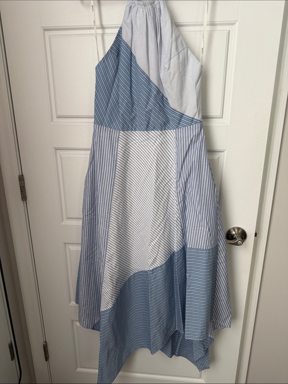 Bailey 44 Light Blue & White Asymmetrical Striped Halter Dress